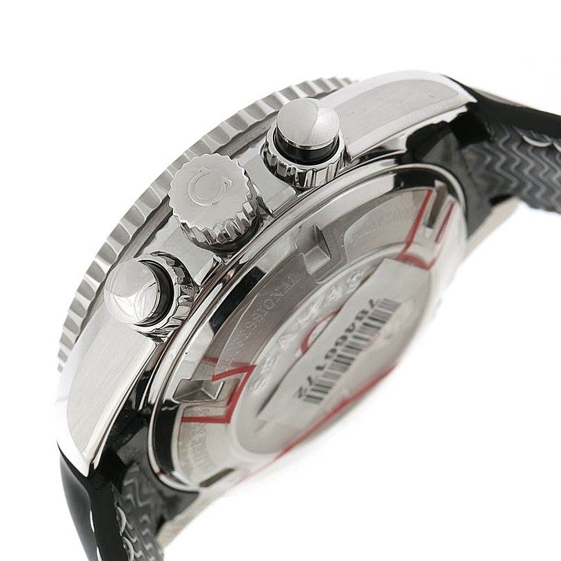 This image shows a side view of the Omega 222.32.38.50.01.001 Women's Stainless Steel Black Dial 222.32.38.50.01.001 Women's Stainless Steel Black Dial Seamaster Planet Ocean Ladies Watch 222.32.38.50.01.001, highlighting the crown and pushers.