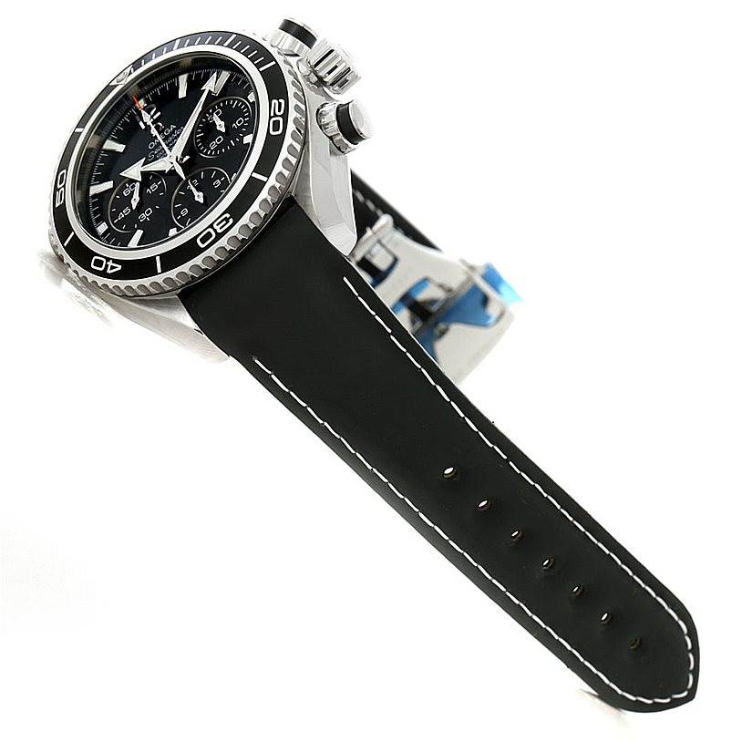 The image shows a side and front view of the Omega 222.32.38.50.01.001 Women's Stainless Steel Black Dial 222.32.38.50.01.001 Women's Stainless Steel Black Dial Seamaster Planet Ocean Ladies Watch 222.32.38.50.01.001, including the black strap and dial.