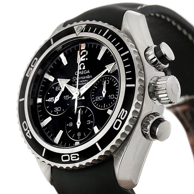 This image shows a close-up side view of the Omega 222.32.38.50.01.001 Women's Stainless Steel Black Dial 222.32.38.50.01.001 Women's Stainless Steel Black Dial Seamaster Planet Ocean Ladies Watch 222.32.38.50.01.001, highlighting the case, crown, and pushers.