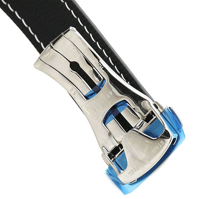 The image shows a close-up of the clasp from an Omega 222.32.38.50.01.001 Women's Stainless Steel Black Dial 222.32.38.50.01.001 Women's Stainless Steel Black Dial Seamaster Planet Ocean Ladies Watch 222.32.38.50.01.001, revealing the underside and detailed mechanism.