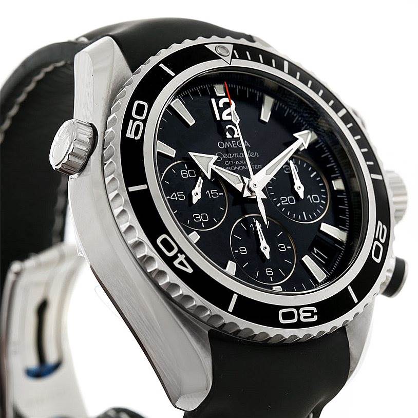 The image shows a side view angle of the Omega 222.32.38.50.01.001 Women's Stainless Steel Black Dial 222.32.38.50.01.001 Women's Stainless Steel Black Dial Seamaster Planet Ocean Ladies Watch 222.32.38.50.01.001, highlighting the bezel, dial, and crown.