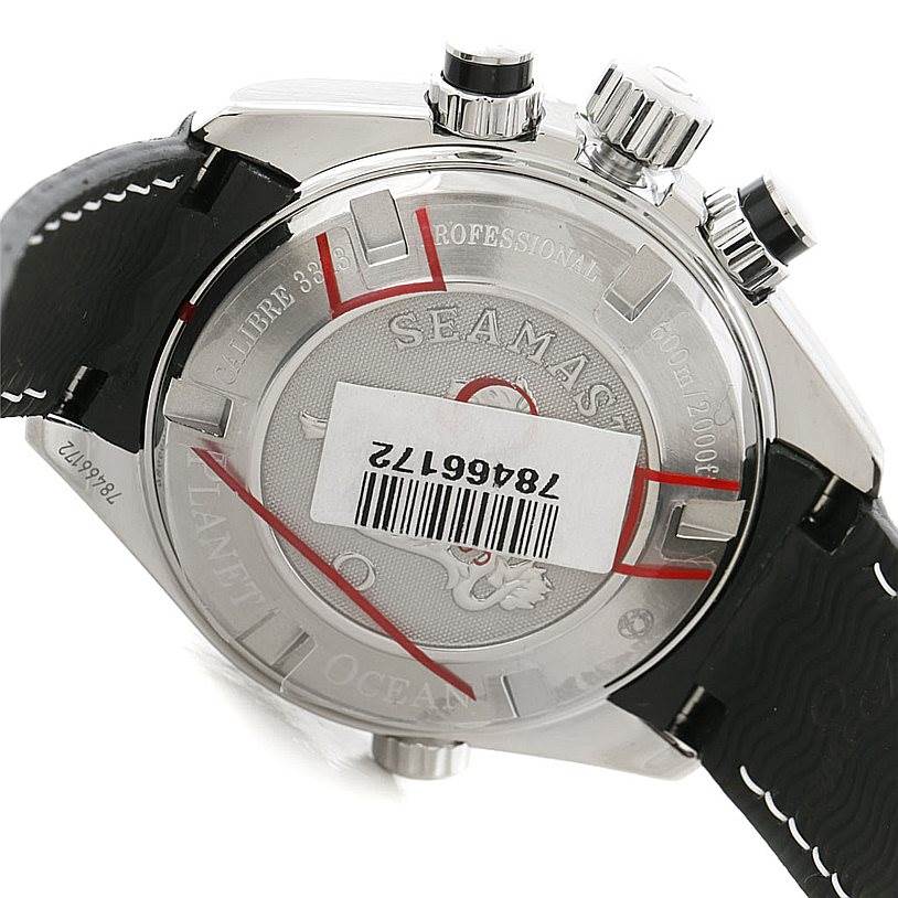 The image shows the back case and part of the strap of an Omega 222.32.38.50.01.001 Women's Stainless Steel Black Dial 222.32.38.50.01.001 Women's Stainless Steel Black Dial Seamaster Planet Ocean Ladies Watch 222.32.38.50.01.001.