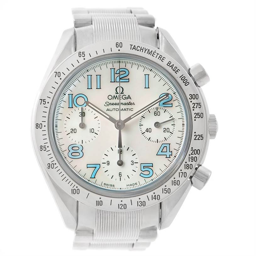The Omega 3534.71.00 Women's Stainless Steel Mother of Pearl Dial 3534.71.00 Women's Stainless Steel Mother of Pearl Dial Speedmaster Ladies Mother of Pearl Dial Watch 3534.71.00 is shown from the front, highlighting its dial, hands, and tachymeter bezel.