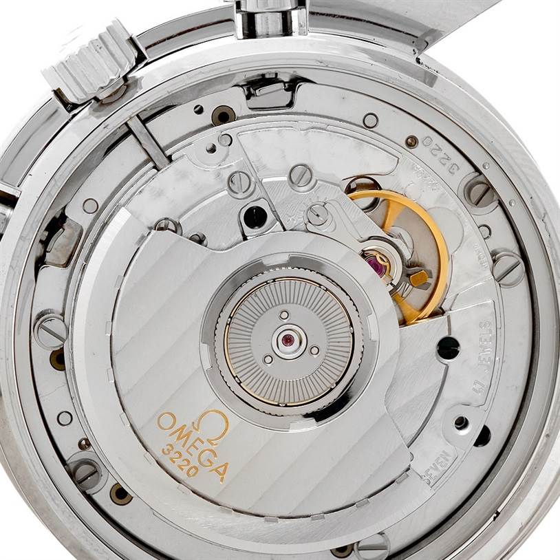 This image shows the back view of the Omega 3534.71.00 Women's Stainless Steel Mother of Pearl Dial 3534.71.00 Women's Stainless Steel Mother of Pearl Dial Speedmaster Ladies Mother of Pearl Dial Watch 3534.71.00, specifically the exposed movement and internal mechanism.