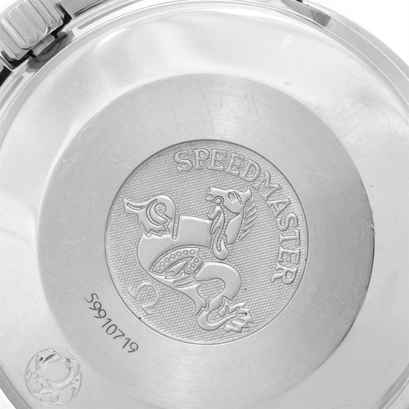 The image shows the back case of the Omega 3534.71.00 Women's Stainless Steel Mother of Pearl Dial 3534.71.00 Women's Stainless Steel Mother of Pearl Dial Speedmaster Ladies Mother of Pearl Dial Watch 3534.71.00, featuring the Speedmaster logo.