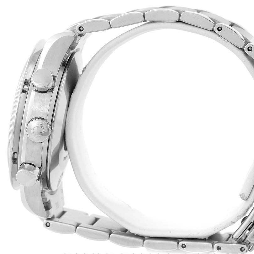 This side view of the Omega 3534.71.00 Women's Stainless Steel Mother of Pearl Dial 3534.71.00 Women's Stainless Steel Mother of Pearl Dial Speedmaster Ladies Mother of Pearl Dial Watch 3534.71.00 showcases its case, crown, pushers, and bracelet.