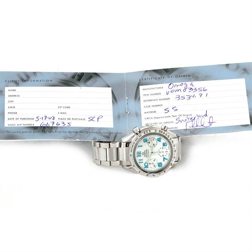 The Omega 3534.71.00 Women's Stainless Steel Mother of Pearl Dial 3534.71.00 Women's Stainless Steel Mother of Pearl Dial Speedmaster Ladies Mother of Pearl Dial Watch 3534.71.00 is shown from the front with its certificate of origin displayed.