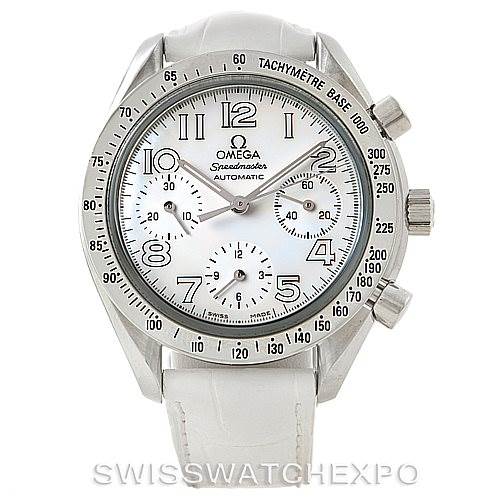 This image shows a front view of the Omega 3834.70.36 Women
s Stainless Steel Mother of Pearl Dial 3834.70.36 Women
s Stainless Steel Mother of Pearl Dial Speedmaster Ladies MOP Dial Watch 3834.70.36, including its dial, bezel, and two pushers.