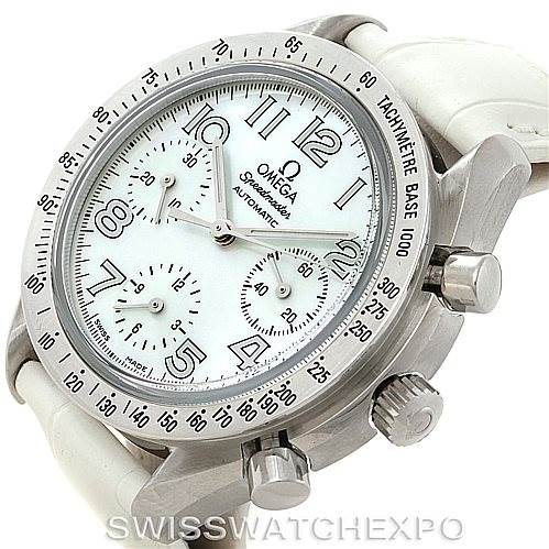 The image shows an angled view of the Omega 3834.70.36 Women
s Stainless Steel Mother of Pearl Dial 3834.70.36 Women
s Stainless Steel Mother of Pearl Dial Speedmaster Ladies MOP Dial Watch 3834.70.36, highlighting the dial, tachymeter bezel, and push buttons.