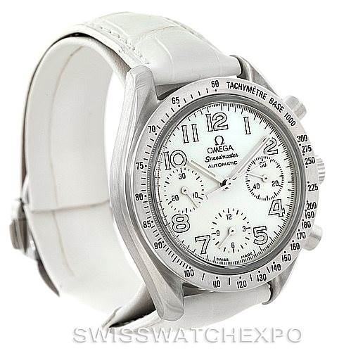 This image shows a slight angle of the Omega 3834.70.36 Women
s Stainless Steel Mother of Pearl Dial 3834.70.36 Women
s Stainless Steel Mother of Pearl Dial Speedmaster Ladies MOP Dial Watch 3834.70.36, displaying the face, bezel, and part of the strap.