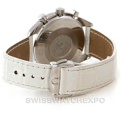 The image shows the back case and clasp of the Omega 3834.70.36 Women
s Stainless Steel Mother of Pearl Dial 3834.70.36 Women
s Stainless Steel Mother of Pearl Dial Speedmaster Ladies MOP Dial Watch 3834.70.36 with a white leather strap.