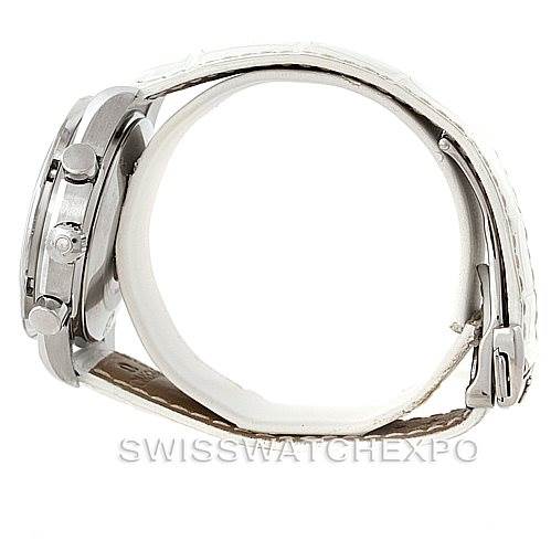 The image shows a side view of the Omega 3834.70.36 Women
s Stainless Steel Mother of Pearl Dial 3834.70.36 Women
s Stainless Steel Mother of Pearl Dial Speedmaster Ladies MOP Dial Watch 3834.70.36, featuring its case, crown, and leather strap.