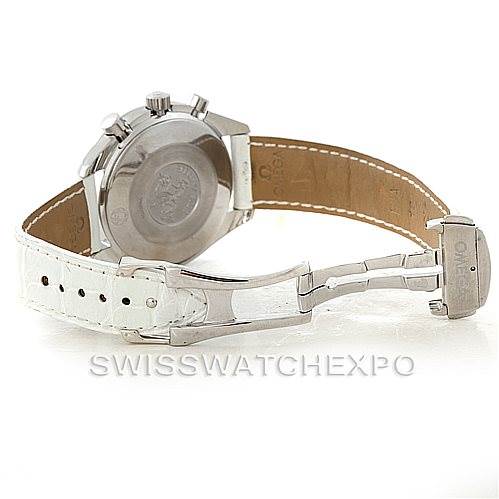 The image shows the back view of an Omega 3834.70.36 Women
s Stainless Steel Mother of Pearl Dial 3834.70.36 Women
s Stainless Steel Mother of Pearl Dial Speedmaster Ladies MOP Dial Watch 3834.70.36, focusing on the case back and white leather strap.