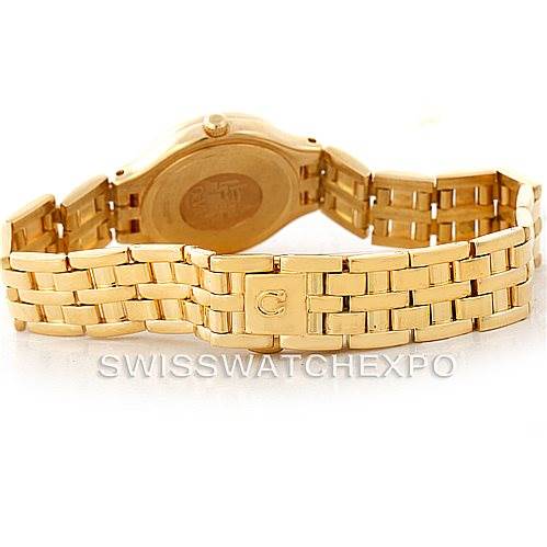 This image shows the back view of an Omega Women's Yellow Gold Champagne Dial Women's Yellow Gold Champagne Dial DeVille Ladies 18K Yellow Gold Diamond Watch, focusing on the bracelet and clasp.