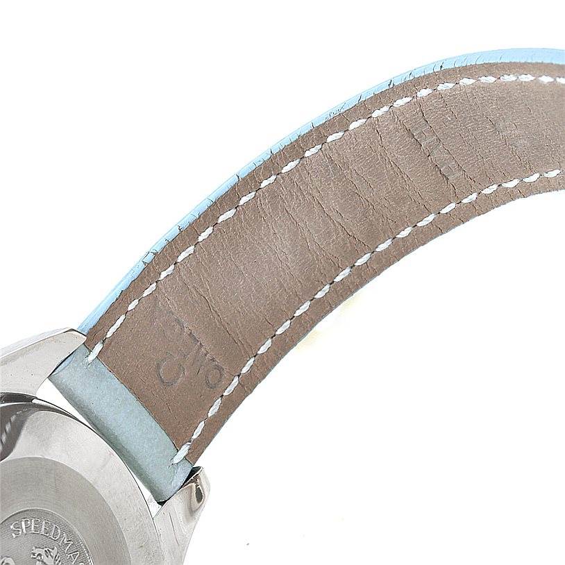 The image shows a close-up of the leather strap and back casing of the Omega 3815.71.53 Women
s Stainless Steel Mother of Pearl Dial 3815.71.53 Women
s Stainless Steel Mother of Pearl Dial Speedmaster Ladies Diamond MOP Dial Watch 3815.71.53.