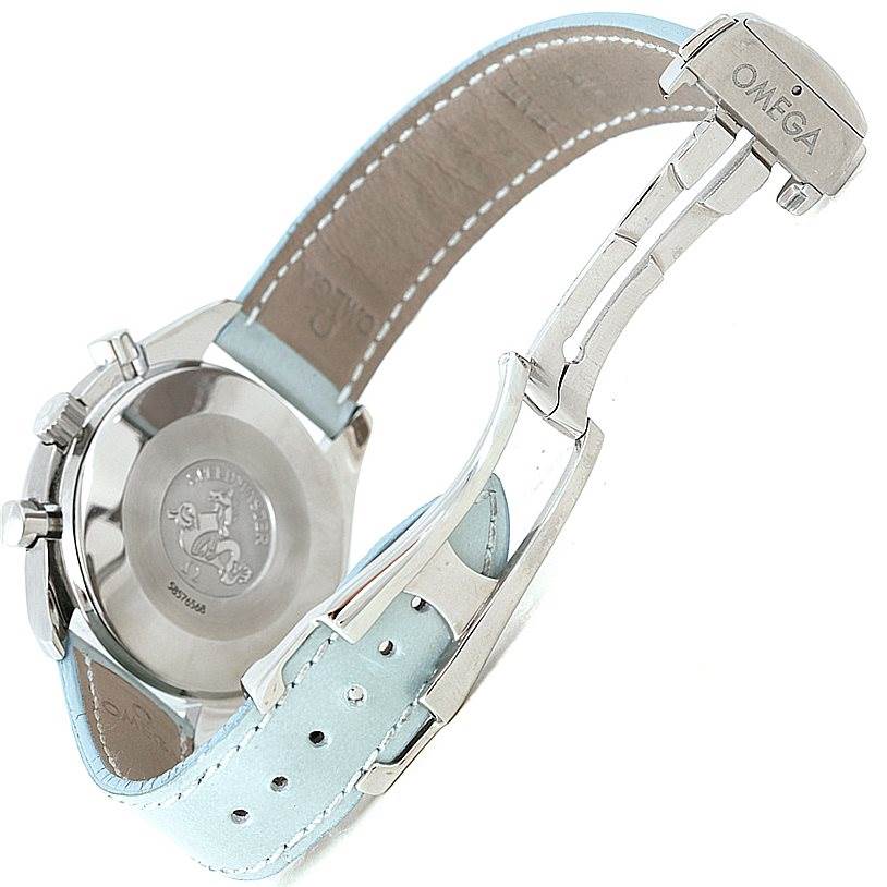 The image shows the back and clasp of the Omega 3815.71.53 Women
s Stainless Steel Mother of Pearl Dial 3815.71.53 Women
s Stainless Steel Mother of Pearl Dial Speedmaster Ladies Diamond MOP Dial Watch 3815.71.53 with a partially open light blue strap.