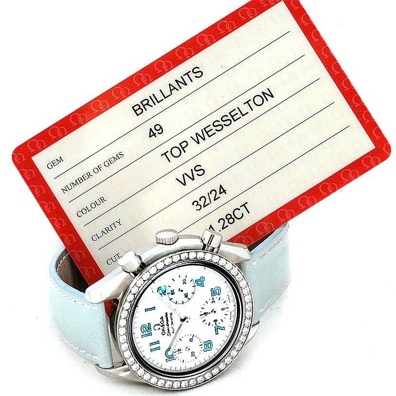 The Omega 3815.71.53 Women
s Stainless Steel Mother of Pearl Dial 3815.71.53 Women
s Stainless Steel Mother of Pearl Dial Speedmaster Ladies Diamond MOP Dial Watch 3815.71.53 is shown from a 3/4 angle with the dial, bezel, and straps visible.