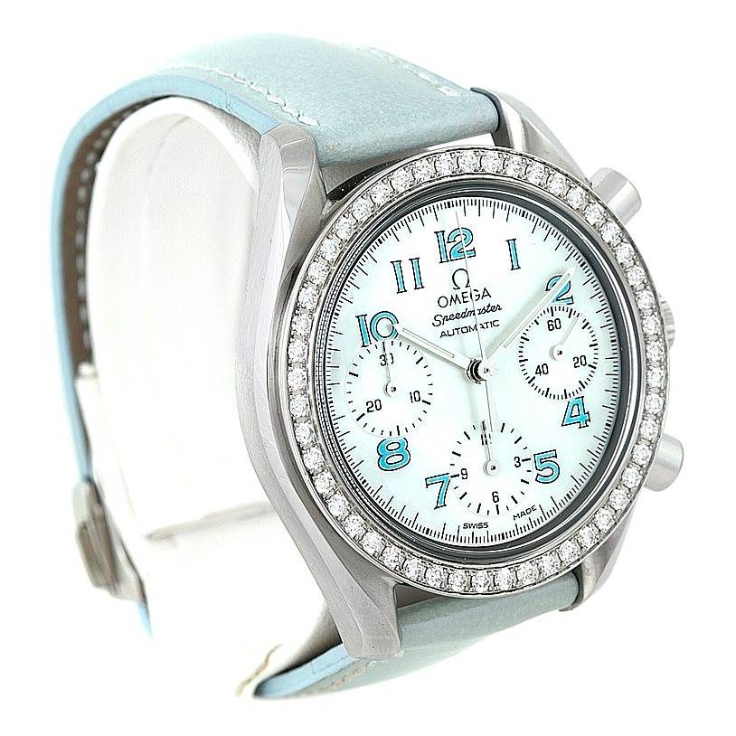 The image shows a front-side view of the Omega 3815.71.53 Women
s Stainless Steel Mother of Pearl Dial 3815.71.53 Women
s Stainless Steel Mother of Pearl Dial Speedmaster Ladies Diamond MOP Dial Watch 3815.71.53, highlighting the bezel, dial, and strap.