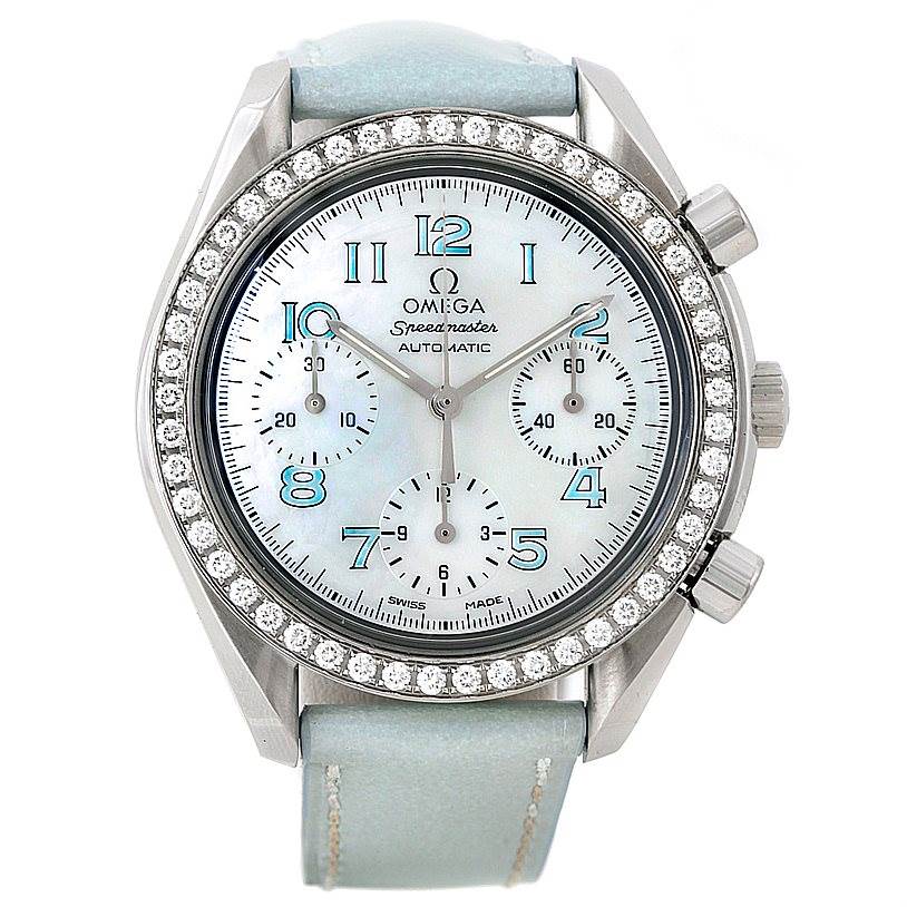 The image shows the front view of the Omega 3815.71.53 Women
s Stainless Steel Mother of Pearl Dial 3815.71.53 Women
s Stainless Steel Mother of Pearl Dial Speedmaster Ladies Diamond MOP Dial Watch 3815.71.53, highlighting the dial and bezel.