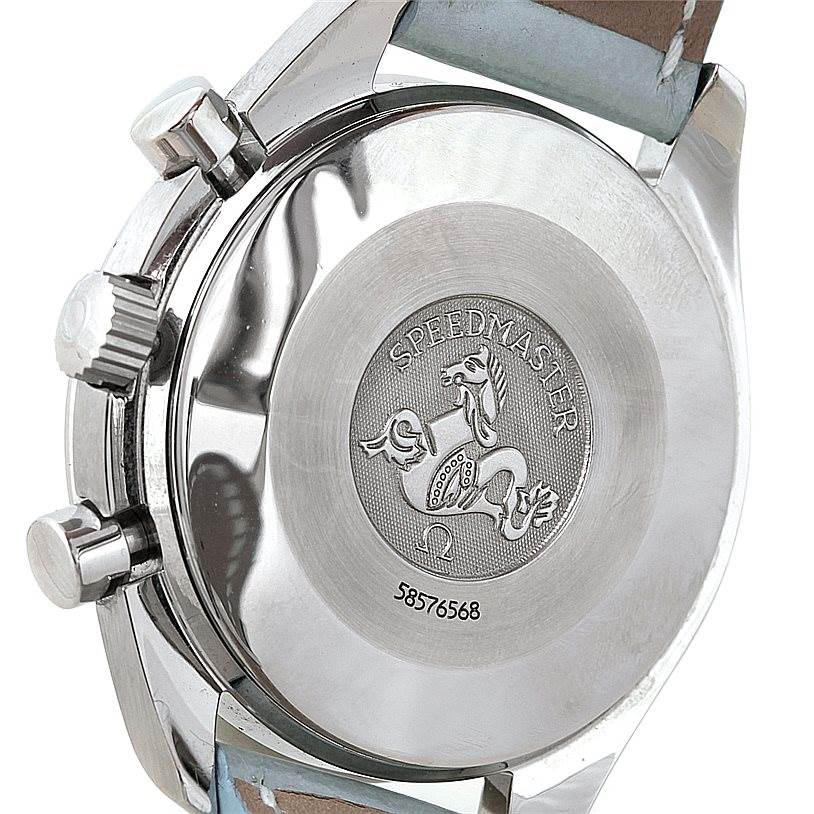 The image shows the back case and crown side of the Omega 3815.71.53 Women
s Stainless Steel Mother of Pearl Dial 3815.71.53 Women
s Stainless Steel Mother of Pearl Dial Speedmaster Ladies Diamond MOP Dial Watch 3815.71.53 model.