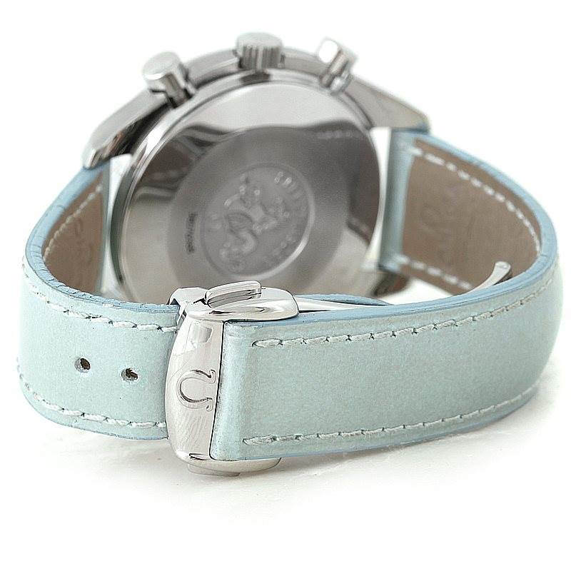The image shows the back and clasp of an Omega 3815.71.53 Women
s Stainless Steel Mother of Pearl Dial 3815.71.53 Women
s Stainless Steel Mother of Pearl Dial Speedmaster Ladies Diamond MOP Dial Watch 3815.71.53 with a light blue strap.