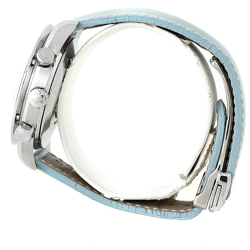 The image shows a side view of the Omega 3815.71.53 Women
s Stainless Steel Mother of Pearl Dial 3815.71.53 Women
s Stainless Steel Mother of Pearl Dial Speedmaster Ladies Diamond MOP Dial Watch 3815.71.53, highlighting the buttons, crown, and part of the strap.