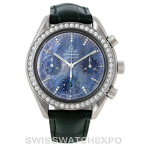 The Omega 3835.76.31 Women
s Stainless Steel Mother of Pearl Dial 3835.76.31 Women
s Stainless Steel Mother of Pearl Dial Speedmaster Ladies Diamond MOP Dial Watch 3835.76.31 is shown from the front, displaying the dial, bezel, and part of the strap.