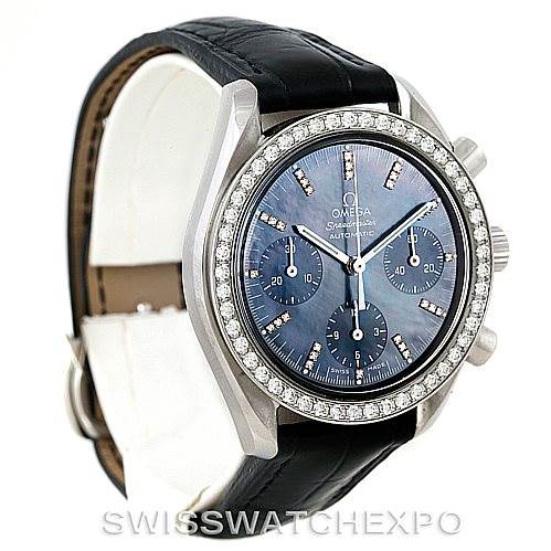 The image displays an angled view of the Omega 3835.76.31 Women
s Stainless Steel Mother of Pearl Dial 3835.76.31 Women
s Stainless Steel Mother of Pearl Dial Speedmaster Ladies Diamond MOP Dial Watch model 3835.76.31, showcasing its face and leather band.