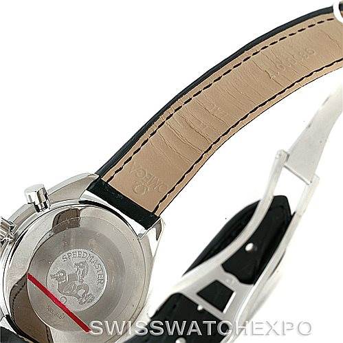 The image shows the back case and inner leather strap of the Omega 3835.76.31 Women
s Stainless Steel Mother of Pearl Dial 3835.76.31 Women
s Stainless Steel Mother of Pearl Dial Speedmaster Ladies Diamond MOP Dial Watch 3835.76.31.