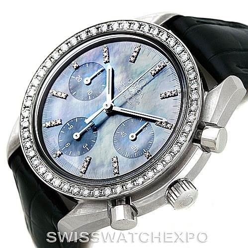 The image shows an angled side view of the Omega 3835.76.31 Women
s Stainless Steel Mother of Pearl Dial 3835.76.31 Women
s Stainless Steel Mother of Pearl Dial Speedmaster Ladies Diamond MOP Dial Watch 3835.76.31, highlighting the bezel, crown, and pushers.