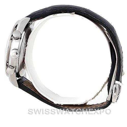 The image shows a side profile view of the Omega 3835.76.31 Women
s Stainless Steel Mother of Pearl Dial 3835.76.31 Women
s Stainless Steel Mother of Pearl Dial Speedmaster Ladies Diamond MOP Dial Watch 3835.76.31, highlighting the case and strap.