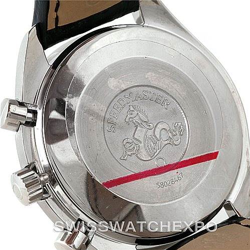 The image shows the back case of the Omega 3835.76.31 Women
s Stainless Steel Mother of Pearl Dial 3835.76.31 Women
s Stainless Steel Mother of Pearl Dial Speedmaster Ladies Diamond MOP Dial Watch 3835.76.31, highlighting the engraved logo.