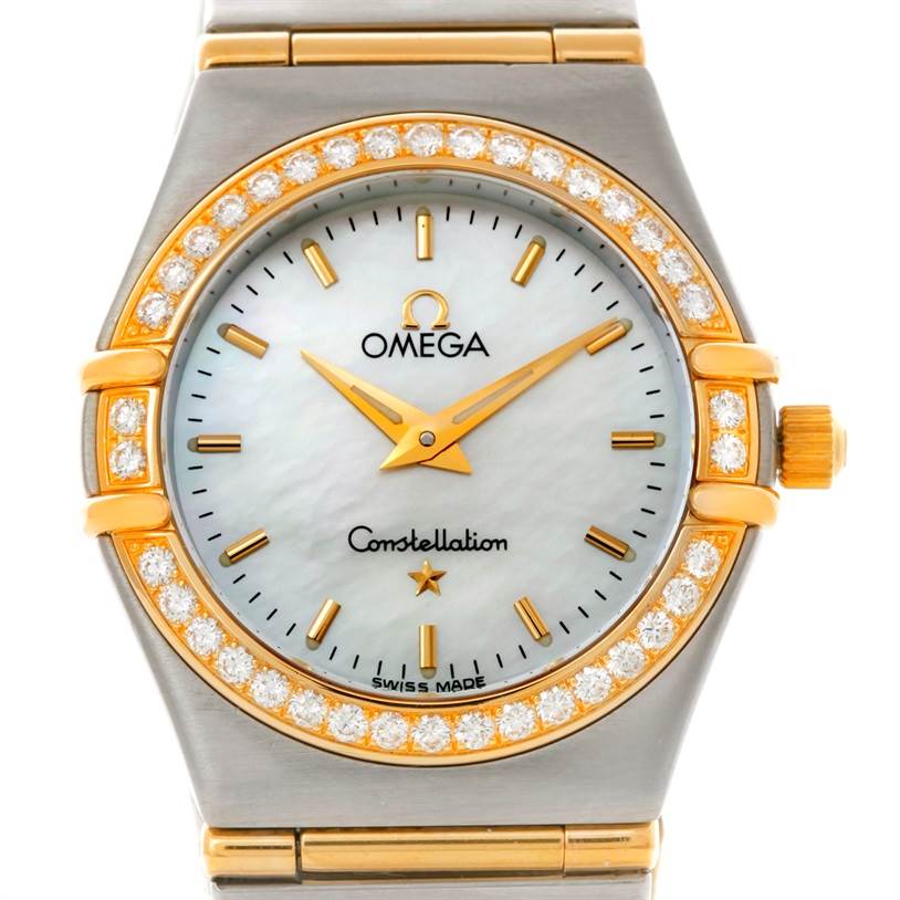 The image shows a front view of the Omega 1277.70.00 Women
s Steel and Gold (two tone) Mother of Pearl Dial 1277.70.00 Women
s Steel and Gold (two tone) Mother of Pearl Dial Constellation My Choice Steel Gold Diamond Watch 1277.70.00, displaying the face and bezel.