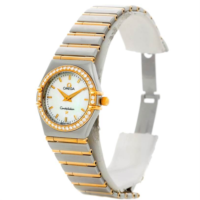 The image shows an Omega 1277.70.00 Women
s Steel and Gold (two tone) Mother of Pearl Dial 1277.70.00 Women
s Steel and Gold (two tone) Mother of Pearl Dial Constellation My Choice Steel Gold Diamond Watch 1277.70.00 at a slight side angle, displaying the face, bracelet, and bezel.