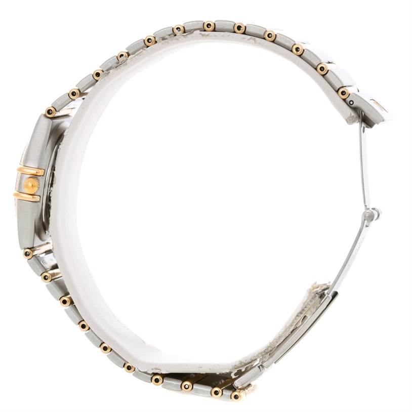 The image shows a side view of the Omega 1277.70.00 Women
s Steel and Gold (two tone) Mother of Pearl Dial 1277.70.00 Women
s Steel and Gold (two tone) Mother of Pearl Dial Constellation My Choice Steel Gold Diamond Watch 1277.70.00, highlighting its bracelet and clasp.