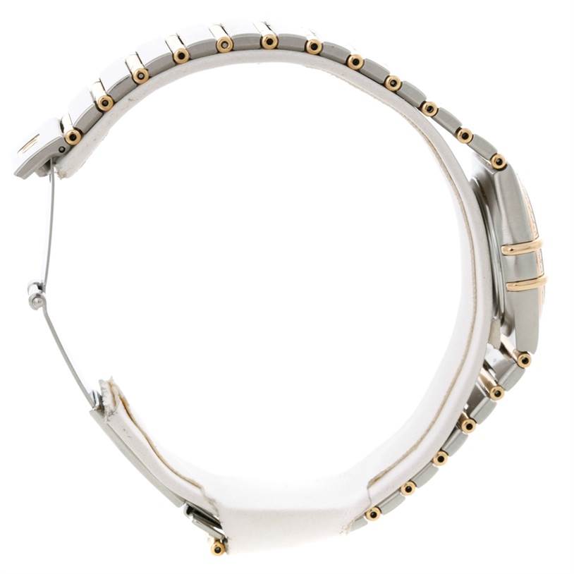 The image shows a side view of the Omega 1277.70.00 Women
s Steel and Gold (two tone) Mother of Pearl Dial 1277.70.00 Women
s Steel and Gold (two tone) Mother of Pearl Dial Constellation My Choice Steel Gold Diamond Watch 1277.70.00, highlighting its bracelet and clasp.