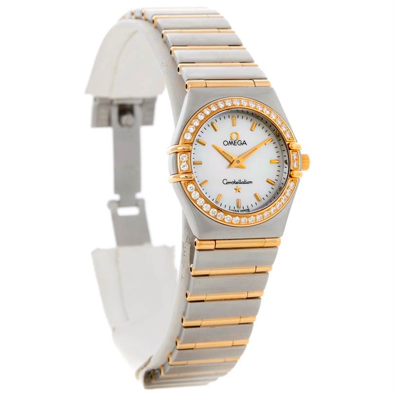 The image shows an Omega 1277.70.00 Women
s Steel and Gold (two tone) Mother of Pearl Dial 1277.70.00 Women
s Steel and Gold (two tone) Mother of Pearl Dial Constellation My Choice Steel Gold Diamond Watch 1277.70.00 from an angled view, displaying the face and bracelet.