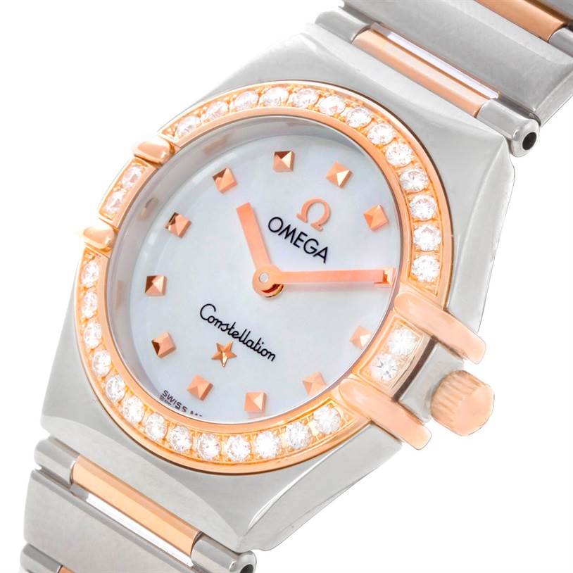 The image shows a close-up of the Omega 1368.71.00 Women
s Steel and Gold (two tone) Mother of Pearl Dial 1368.71.00 Women
s Steel and Gold (two tone) Mother of Pearl Dial Constellation My Choice Mini Diamond Watch 1368.71.00, featuring the dial, bezel, and bracelet.
