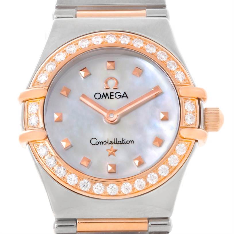 The image shows a front view of the Omega 1368.71.00 Women
s Steel and Gold (two tone) Mother of Pearl Dial 1368.71.00 Women
s Steel and Gold (two tone) Mother of Pearl Dial Constellation My Choice Mini Diamond Watch 1368.71.00, highlighting the dial and diamond-studded bezel.