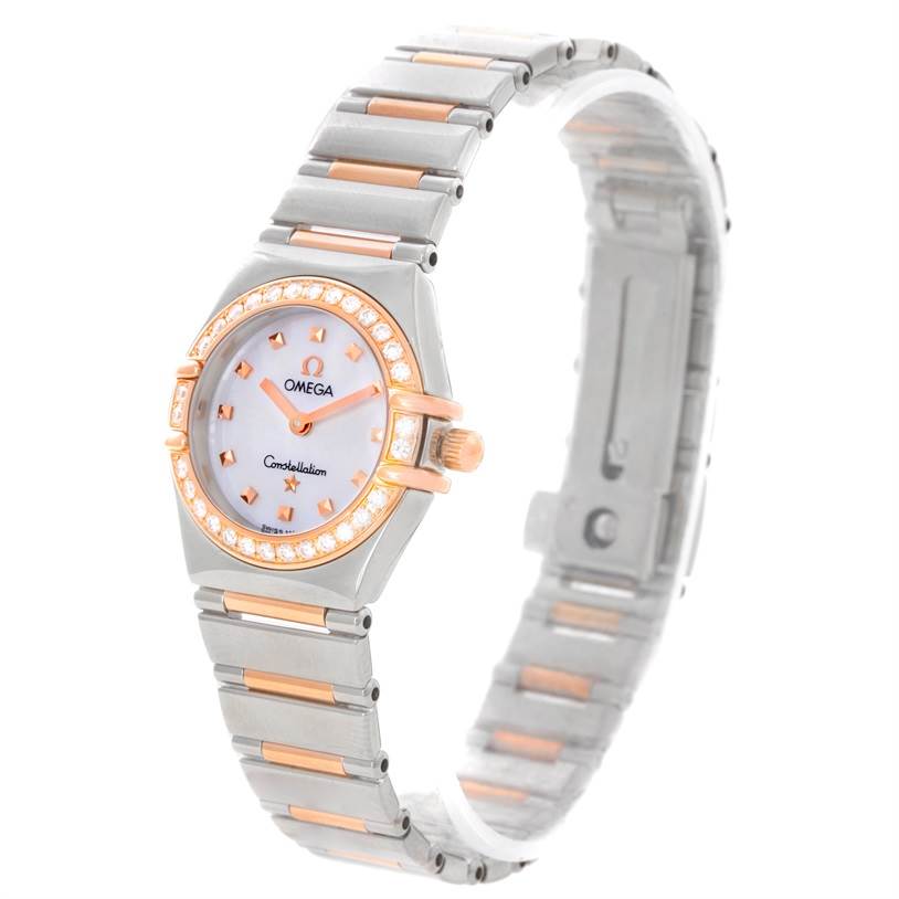 The image shows an Omega 1368.71.00 Women
s Steel and Gold (two tone) Mother of Pearl Dial 1368.71.00 Women
s Steel and Gold (two tone) Mother of Pearl Dial Constellation My Choice Mini Diamond Watch 1368.71.00 from a front and slight side angle, highlighting the dial, bezel, and bracelet.