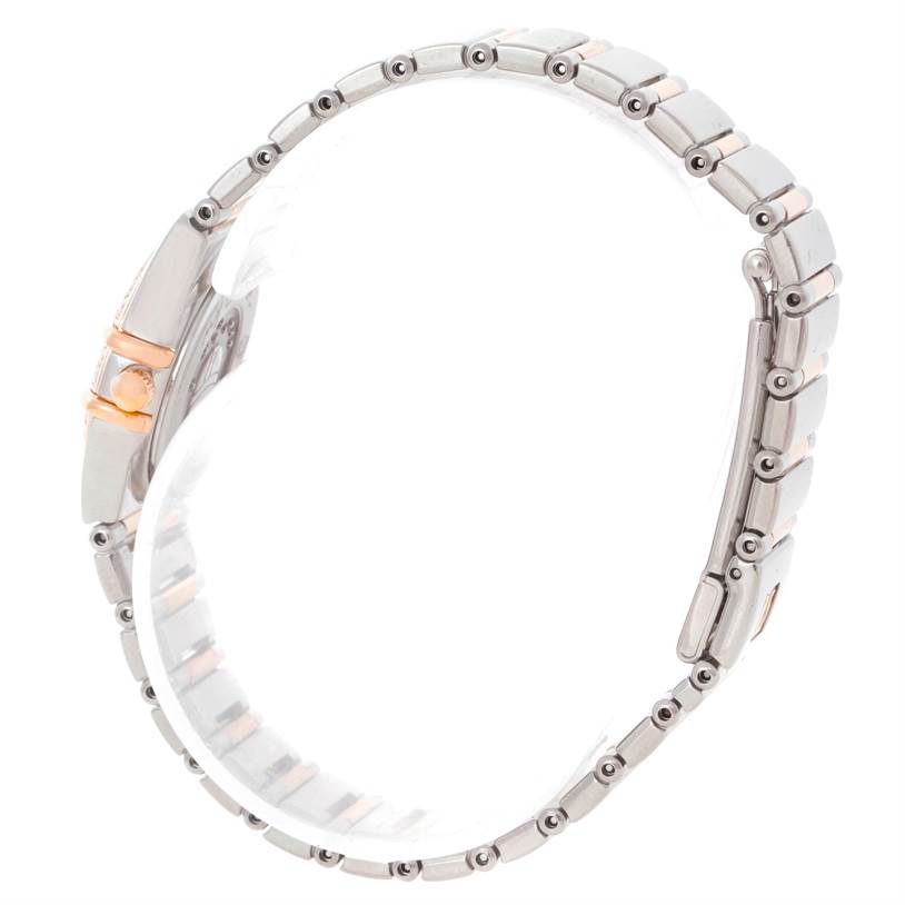 The image shows the side view of the bracelet and clasp of an Omega 1368.71.00 Women
s Steel and Gold (two tone) Mother of Pearl Dial 1368.71.00 Women
s Steel and Gold (two tone) Mother of Pearl Dial Constellation My Choice Mini Diamond Watch 1368.71.00 Box Papers model.