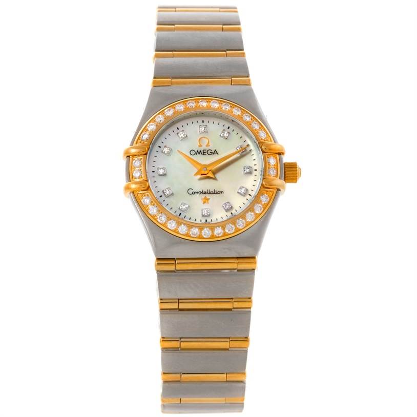 The image shows the front view of the Omega 1267.75.00 Women
s Steel and Gold (two tone) Mother of Pearl Dial 1267.75.00 Women
s Steel and Gold (two tone) Mother of Pearl Dial Constellation My Choice Steel Gold Diamond Watch 1267.75.00.