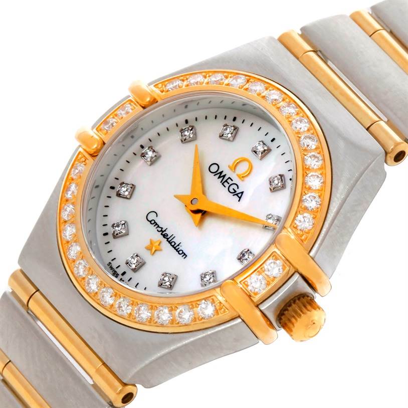 The image shows a close-up of the dial, bezel, crown, and part of the bracelet of the Omega 1267.75.00 Women
s Steel and Gold (two tone) Mother of Pearl Dial 1267.75.00 Women
s Steel and Gold (two tone) Mother of Pearl Dial Constellation My Choice Steel Gold Diamond Watch 1267.75.00 model.