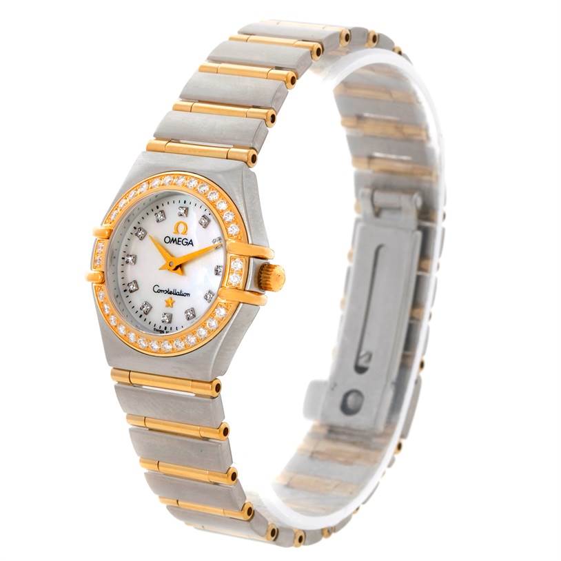 The Omega 1267.75.00 Women
s Steel and Gold (two tone) Mother of Pearl Dial 1267.75.00 Women
s Steel and Gold (two tone) Mother of Pearl Dial Constellation My Choice Steel Gold Diamond Watch 1267.75.00 model is shown at an angle highlighting the face, bezel, and band.