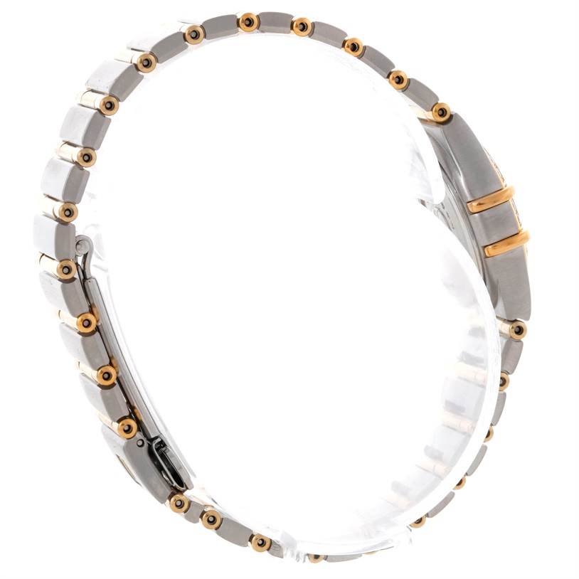 The image shows a side angle of the Omega 1267.75.00 Women
s Steel and Gold (two tone) Mother of Pearl Dial 1267.75.00 Women
s Steel and Gold (two tone) Mother of Pearl Dial Constellation My Choice Steel Gold Diamond Watch 1267.75.00, highlighting the band and part of the bezel.