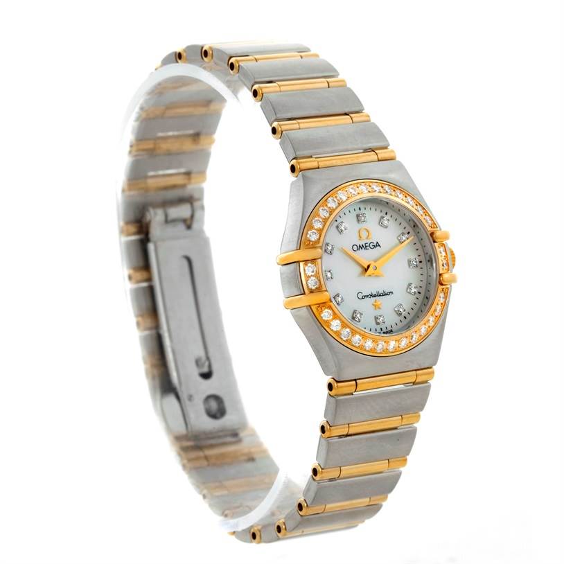 The image shows an angled view of the Omega 1267.75.00 Women
s Steel and Gold (two tone) Mother of Pearl Dial 1267.75.00 Women
s Steel and Gold (two tone) Mother of Pearl Dial Constellation My Choice Steel Gold Diamond Watch 1267.75.00, displaying its face and bracelet.
