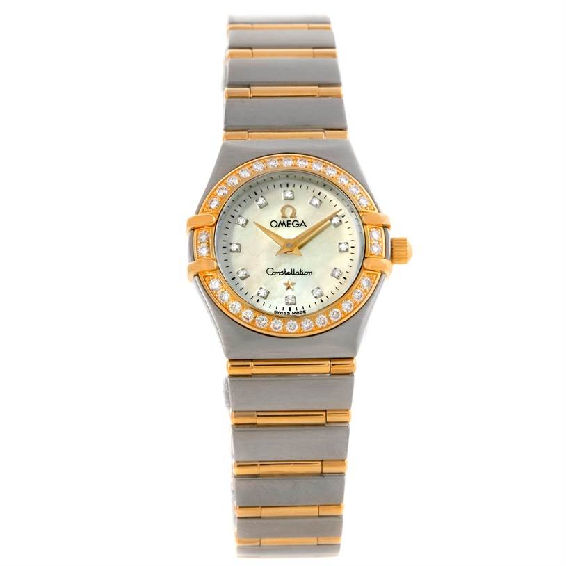 This image shows the front view of an Omega 1267.75.00 Women
s Steel and Gold (two tone) Mother of Pearl Dial 1267.75.00 Women
s Steel and Gold (two tone) Mother of Pearl Dial Constellation My Choice Steel Gold Diamond Watch 1267.75.00 with a visible dial, bezel, and bracelet.