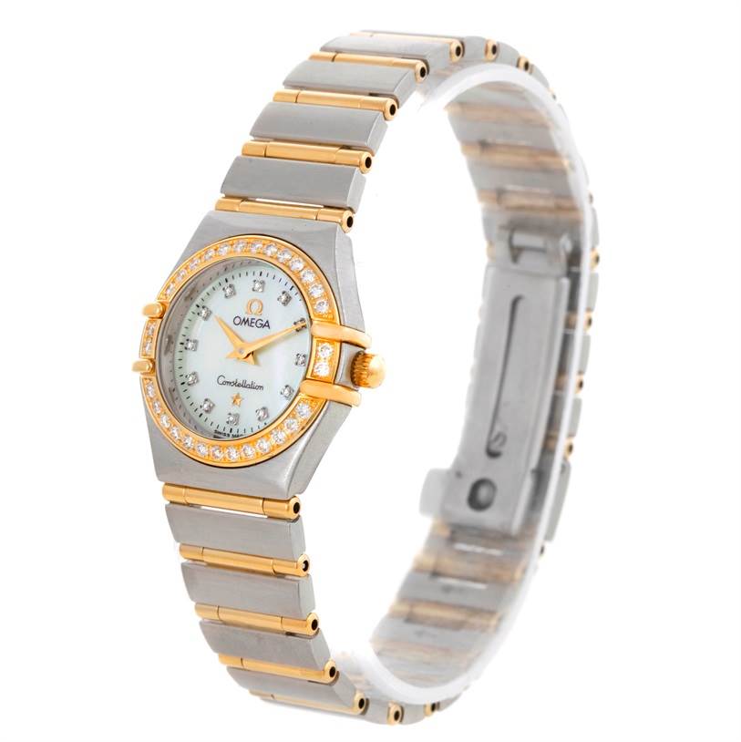 The Omega 1267.75.00 Women
s Steel and Gold (two tone) Mother of Pearl Dial 1267.75.00 Women
s Steel and Gold (two tone) Mother of Pearl Dial Constellation My Choice Steel Gold Diamond Watch 1267.75.00 is shown from an angled top view, highlighting the bezel, dial, and bracelet.