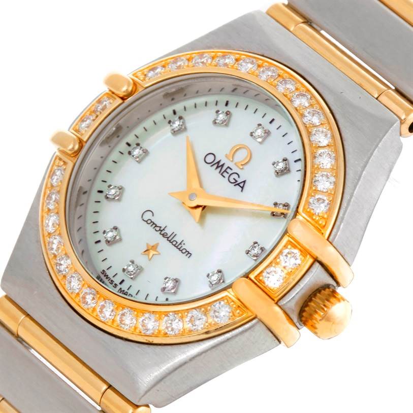 The image shows a close-up of the dial and bezel of the Omega 1267.75.00 Women
s Steel and Gold (two tone) Mother of Pearl Dial 1267.75.00 Women
s Steel and Gold (two tone) Mother of Pearl Dial Constellation My Choice Steel Gold Diamond Watch 1267.75.00.