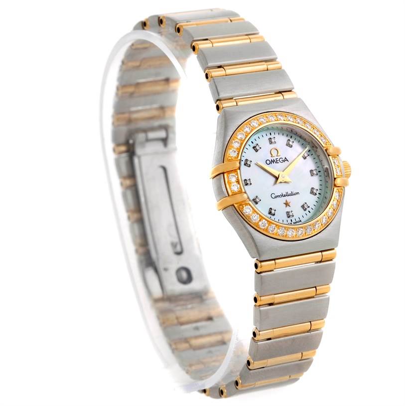 The Omega 1267.75.00 Women
s Steel and Gold (two tone) Mother of Pearl Dial 1267.75.00 Women
s Steel and Gold (two tone) Mother of Pearl Dial Constellation My Choice Steel Gold Diamond Watch 1267.75.00 is shown from a side angle, highlighting the face, bezel, and bracelet.